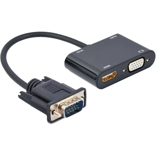 VIDEO adapter kabl, VGA to HDMI + VGA adapter cable, 0.15 m, black, GEMBIRD A-VGA-HDMI-02