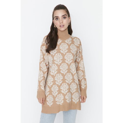 Trendyol Camel Patterned Slit Detail Stand Up Collar Knitwear Sweater Slike