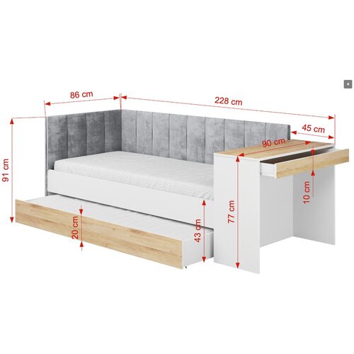  Dječji tapecirani krevet FREYA s dodatnim krevetom i radnim stolom - bijeli - 180x80 cm - Bez madraca Slike
