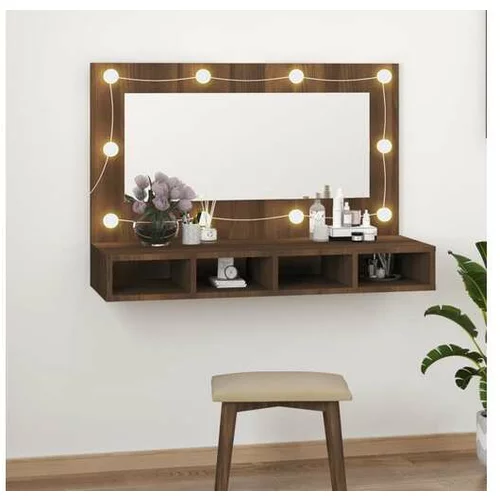  Omarica z ogledalom in LED lučkami rjav hrast 90x31,5x62 cm