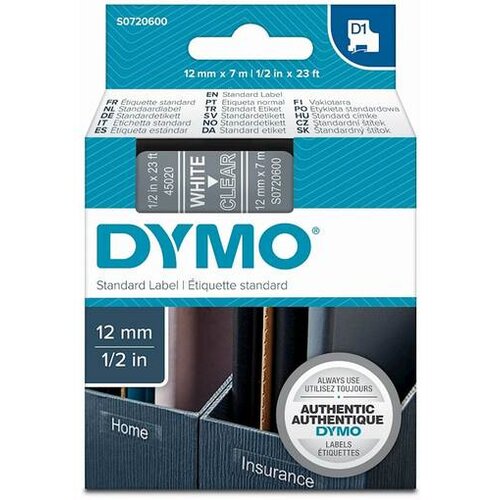 Dymo D1 Schriftband 12 mm x 7 m white / transparent 45020 Slike