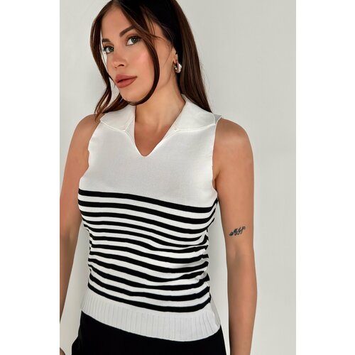 MODAGEN Women's Polo Neck Sleeveless White Striped Knitwear Cene