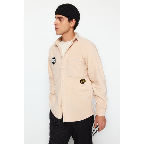 Trendyol Men's Beige Regular Fit Label Detail Fleece Thick Winter Shirt Cene