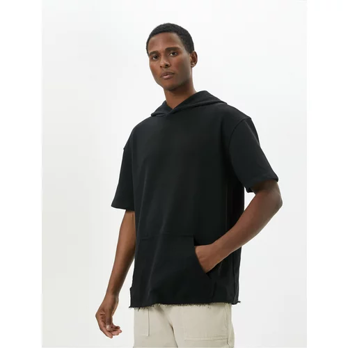 Koton Hooded T-Shirt Short Sleeve Kangaroo Pocket Detail Off Shoulders