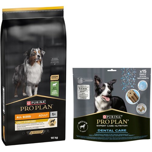  12 kg / 14 kg PURINA PRO PLAN + Dental Care grickalice gratis! - 14 kg All sizes Light Sterilised janjetina + 345 g Dental Care Medium Dog Slike