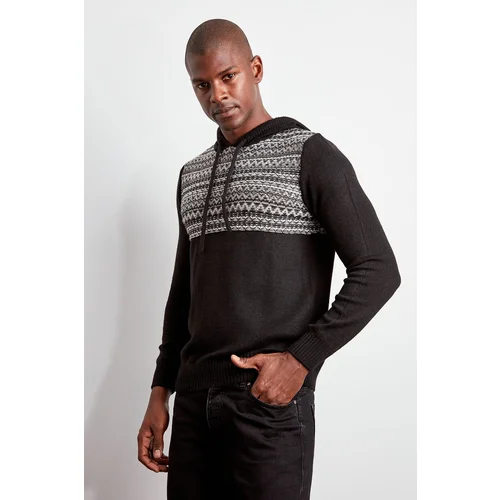 Trendyol Men's Black Panel Jacquard Hooded Sweater