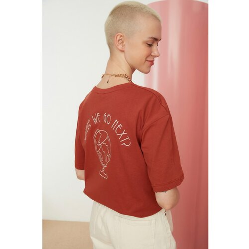 Trendyol Brown Back Embroidered Loose Knitted T-Shirt Slike