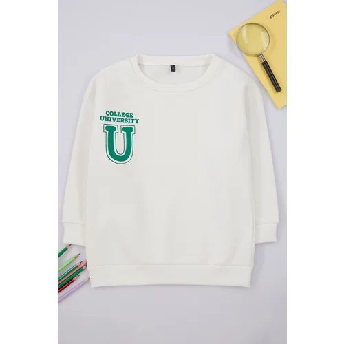 Trendyol Ecru Slogan Cotton Knitted Sweatshirt