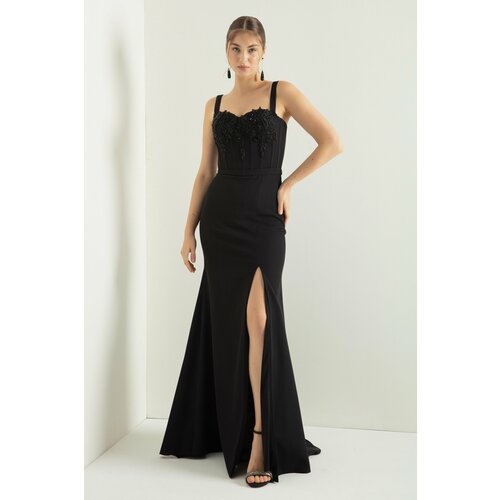 Lafaba Women's Black Stone Underwire Corset Slit Long Satin Evening Dress Slike