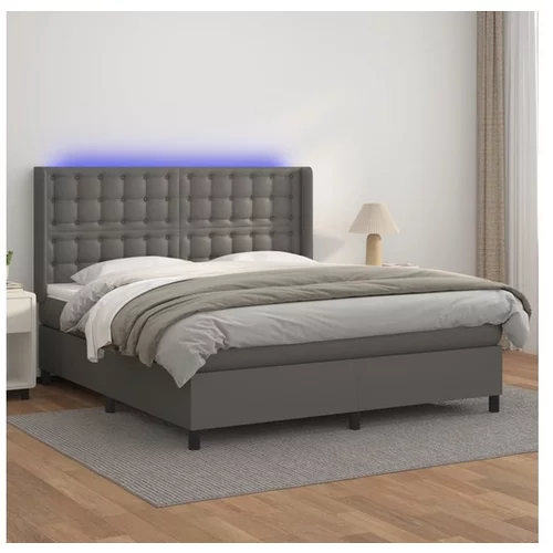  Box spring postelja z vzmetnico LED siva 180x200cm umetno usnje