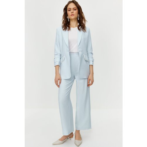 Trendyol Blue Pearl Detailed Crepe Woven Jacket Trousers Bottom Top Set Cene