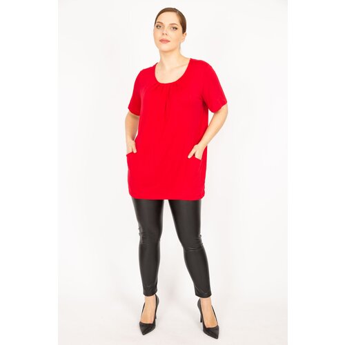 Şans Women&amp;#039;s Red Plus Size Collar Gathered Pocket Tunic Slike