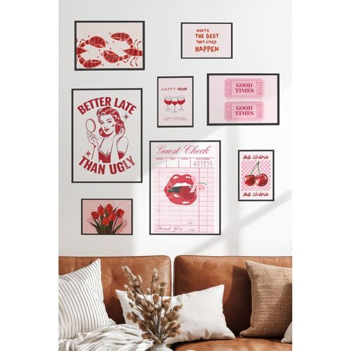 Wallxpert set od 8 uramljenih slika Çgs-054, retro motivi u roze i crvenoj – pin-up žena, usne, trešnje, tulipani i karte, crni ram Cene