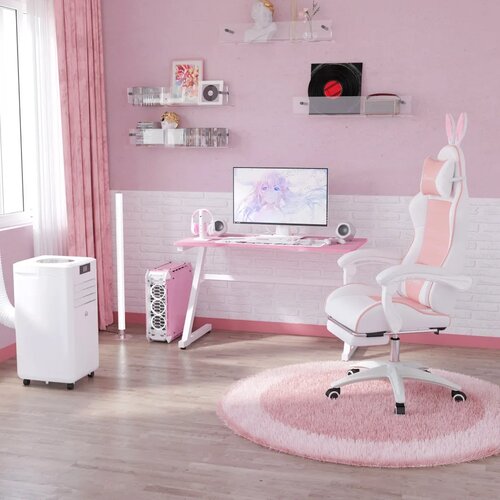  Ergonomska gamerska stolica s lumbalnom potporom osloncem za noge naslonom za glavu s u&amp;scaron;ima zeca roza Slike