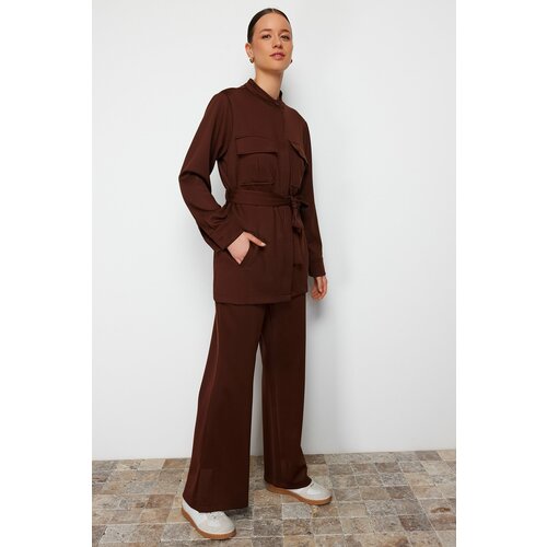 Trendyol Light Brown Belted Pocket Detailed Diver/Scuba Knitted Bottom-Top Suit Slike
