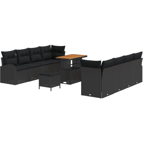 VidaXL 11-dijelni set vrtne sofe s jastučićima, crni, ratan, akacija, sofa za dva na otvorenom s jastučićima, crni ratan, 3-dijelni set za objedovanje u vrtu s jastučićima, crni, ratan, akacija Slike