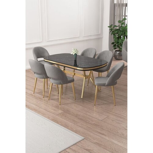 Hanah home trpezarijski set Jita, sto i 6 stolica, ploča u dekoru Sonata, zlatne noge, siva tkanina Babyface Cene