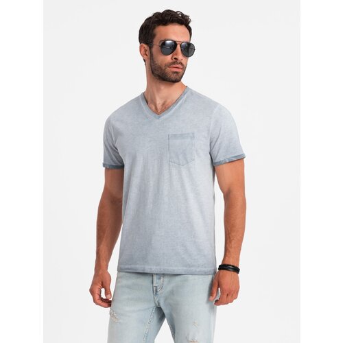 Ombre Men's brindle V-neck T-shirt with pocket - grey Cene