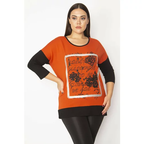 Şans Women's Plus Size Orange Front Print And Stone Detailed Two Color Tunic