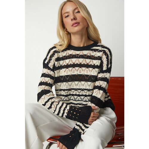 Happiness İstanbul Women's Black Cream Openwork Contrast Knitwear Sweater Slike