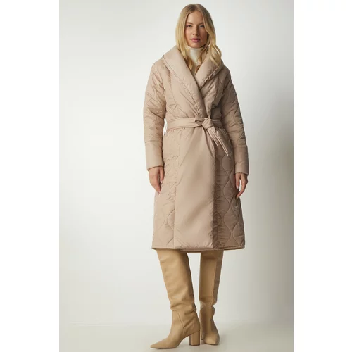 Happiness İstanbul Women's Cream Belted Shawl Collar Quilted Coat