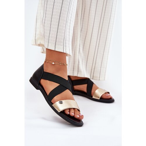 EVENTO Women&amp;#039;s Flat Sandals With Elastic Straps Black-Gold Marinea Slike