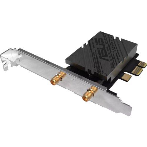 Asus PCE-BE92BT BE9400 Tri-Band WiFi 7 (802.11be), Bluetooth 5.4, two external antennas and magnetized base, supporting 6GHz band, 320MHz, OFDMA, WPA3 network security, compatible only with lntel chipset motherboards, PCIe adapter - 90IG08U0-MO0B00 Slike