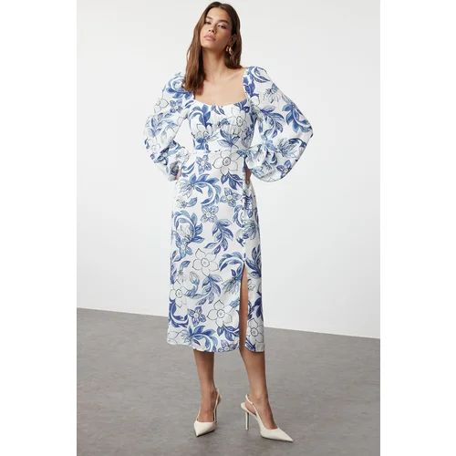 Trendyol Blue Abstract Blue Floral Patterned Midi Woven Dress