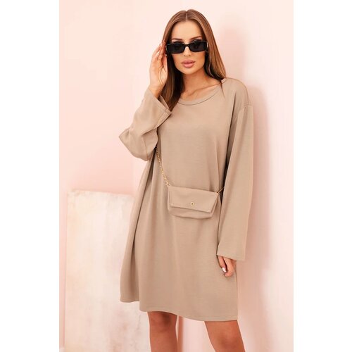 Kesi Włoski Plus Size women's viscose dress with a chain bag dark beige Cene