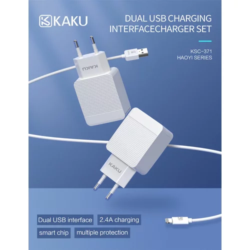 RIFF Kaku Set 2v1 Smart dve vtičnici USB 2,4A omrežni polnilnik + kabel USB do luči 1 m, (21155066)