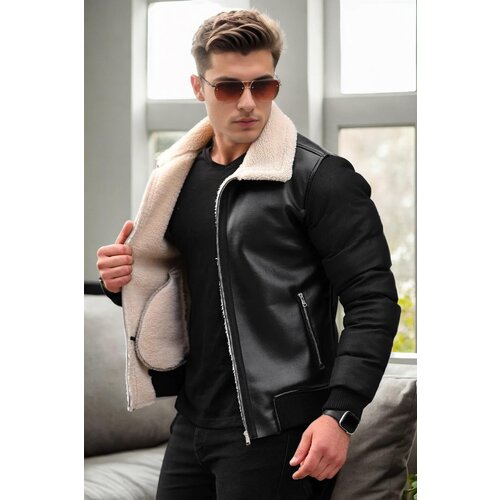 Dewberry 16456 Faux Fur Inside Slim Fit Mens Winter Coat-BLACK-BEIGE Slike