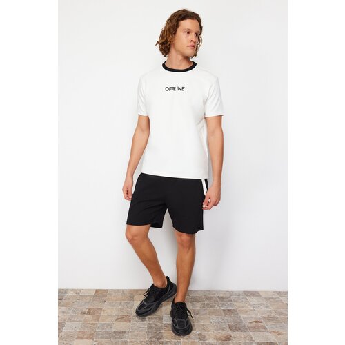 Trendyol Ecru-Black Men&amp;#039;s Regular/Normal Cut Fluffy Letter Print T-Shirt-Shorts Tracksuit Set Slike