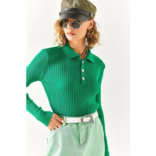 Olalook Women's Emerald Green Gold Buttoned Polo Neck Ribbed Knitwear Sweater