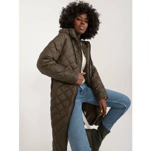 Fashion Hunters Dark khaki long transitional jacket with zipper
