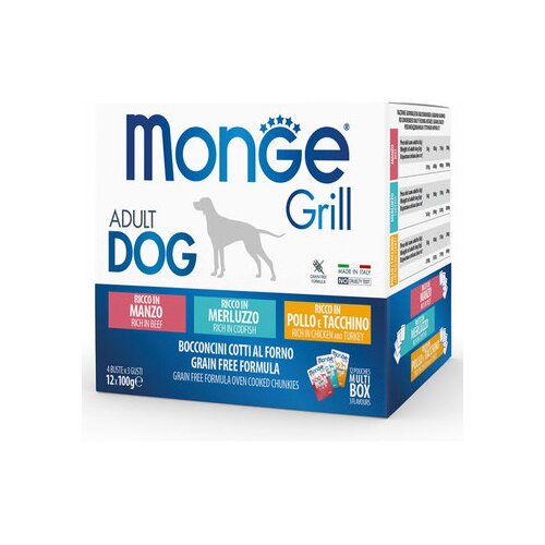 Monge hrana za pse, grill govedina, riba i piletina, sosići za pse, adult, 12x100g Slike