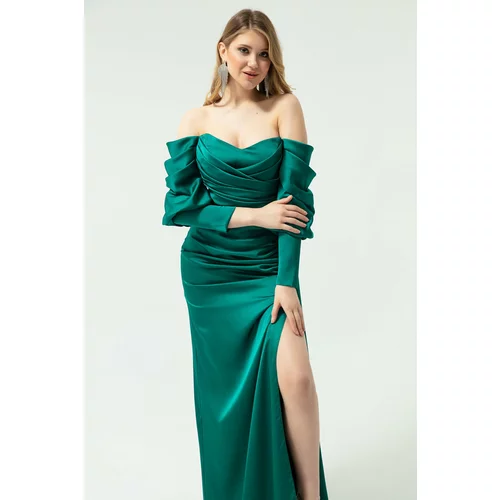 Lafaba Women's Emerald Green Bateau Neck Draped Satin Evening Dress.