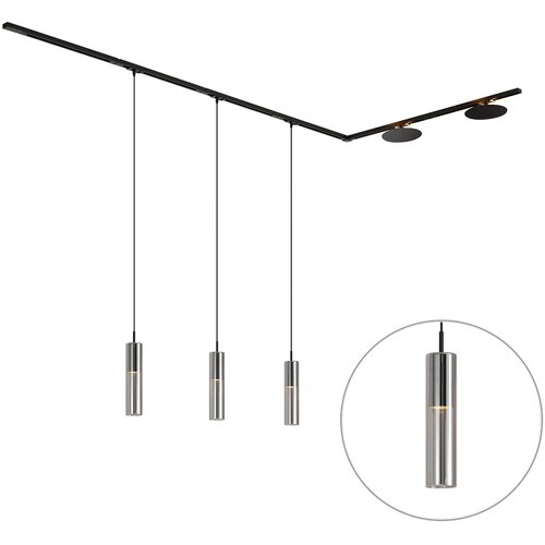 QAZQA Modern railsysteem zwart met 3 hanglampen en 2 plafondlampen 1-fase - Iconic Lloyd Pulley Slike