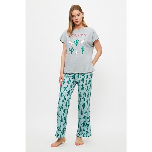 Trendyol Gray Cactus Pattern Knitted Pajamas Set Slike