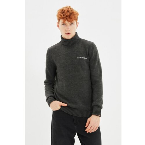 Trendyol Anthracite Men's Slim Fit Turtleneck Chest Embroidery Detailed Sweater Slike