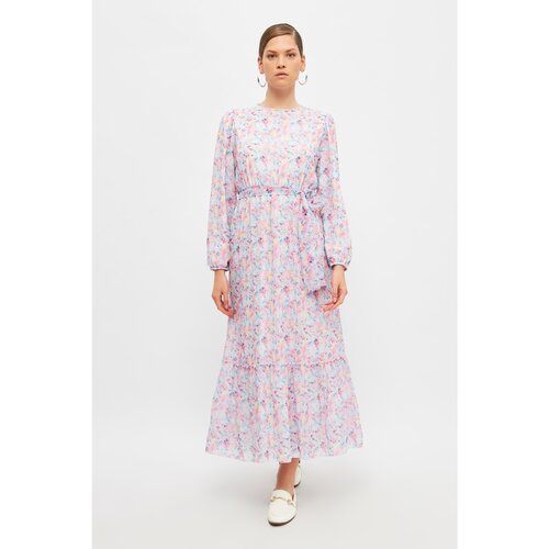 Trendyol Lilac Crew Neck Belted Dress Slike