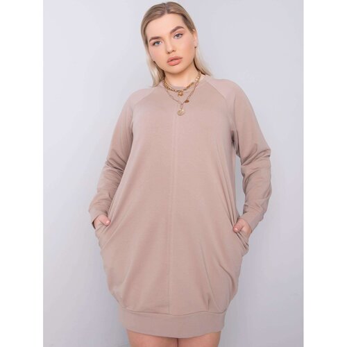 Fashion Hunters Dark beige plus size dress with long sleeves Slike