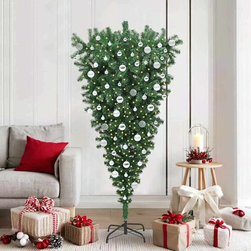 vidaXL Obrnjen umetni božični drevesec s kroglicami Zelena 180 cm PVC Cene