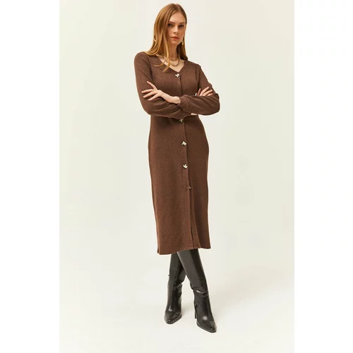 Olalook Women's Brown V-Neck Buttoned Thick Ribbed Midi Dress