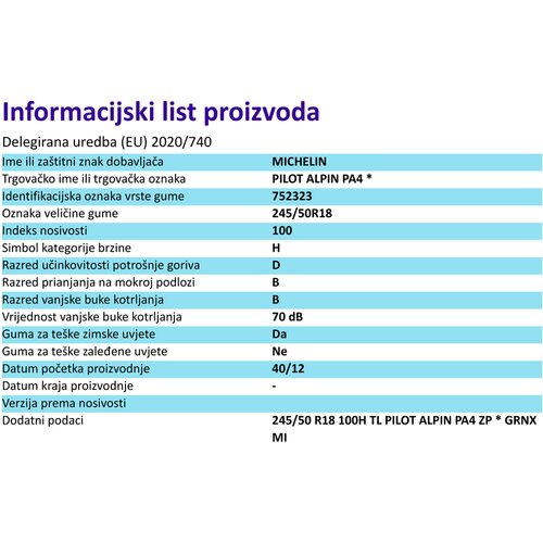 Michelin Zimska auto guma 245/50R18 100H PILOT ALPIN PA4 ZP GRNX TL Slike