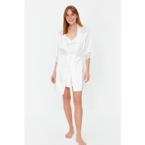 Trendyol Ecru Lace Detailed Belted Satin Woven Dressing Gown Cene