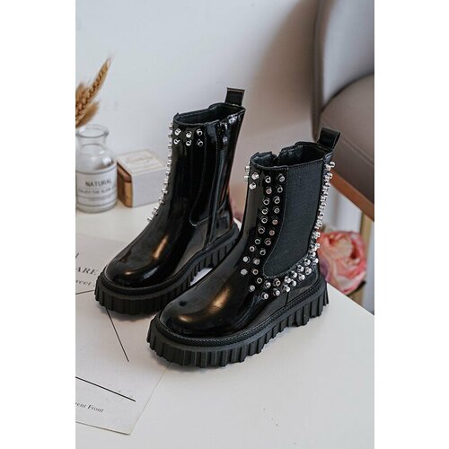 Kesi Girls' patented Chelsea shoes decorated with black Adelie rhinestones Slike