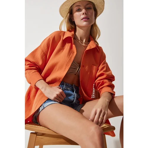  Women's Orange Pocket Oversize Muslin Shirt