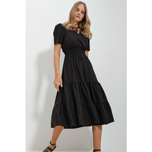 Trend Alaçatı Stili Women's Black Double Breasted Waist Guiped Flounced Woven Poplin Dress Slike