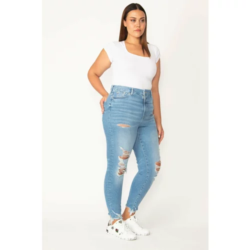 Şans Women's Large Size Blue Ripped Detailed Washed Effect 5 Pocket Skinny Jeans