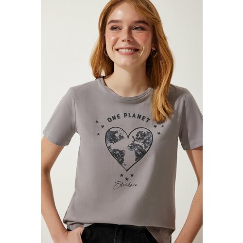 Happiness İstanbul Women's Gray Printed Knitted T-Shirt Slike